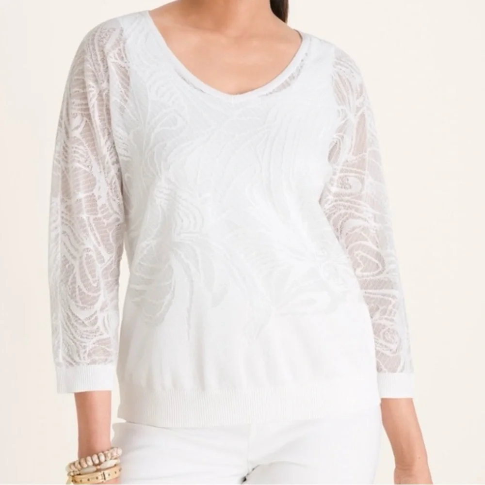 Chico’s Lightweight Jacquard White Sweater Size 1 Medium Lace Beach - Picture 2 of 9